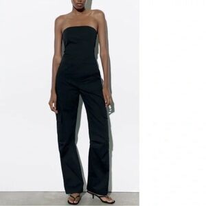 Black Strapless Cargo Jumpsuit